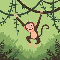 Cartoon Monkey Swinging on Vine in Jungle Illustration Style vector