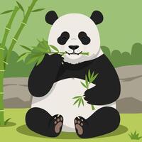 Panda Eating Bamboo in Cartoon Style Sitting in Nature vector