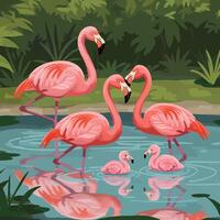 Flamingos Standing in Water with Their Young in a Pond Scene vector