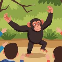 Chimpanzee Standing with Arms Raised Applauded by Spectators in a Forest vector