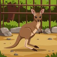 Cartoon Kangaroo Standing Near Fence in Enclosure with Rocks and Trees vector