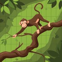 Monkey Climbing on Tree Branch in Jungle Forest Illustration vector