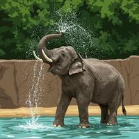 Elephant Bathing and Spraying Water in Pool Under Green Trees vector