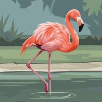 Standing Flamingo in Water with Artistic Geometric Style Background vector
