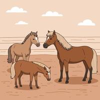 Illustration of Horses Standing in an Enclosed Paddock with Clouds vector