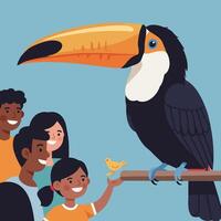 Watching Toucan Bird Perched on Branch with Small Yellow Bird vector