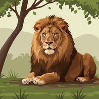 Resting Lion Under Tree Illustration in Natural Setting, Nature Design vector
