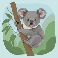 Cartoon Koala Clinging to a Tree Branch with Leafy Background vector