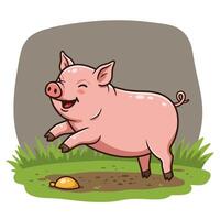 Happy Pig Cartoon Running in Green Field with Mud Patch vector