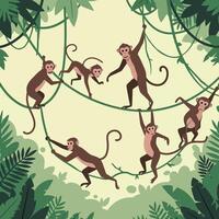 Monkeys Playing in Jungle on Vines Cartoon Illustration Style vector