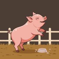 Cartoon Pig Jumping in Barnyard with Fence and Water Bowl vector