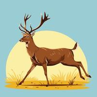 Deer Running Through Grassy Field with Sun Background Illustration vector