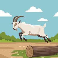Goat Jumping Over Log in Field with Clouds in Sky vector