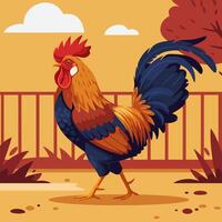 Rooster Strutting Across Farmyard with Blue Feathers and Red Comb vector