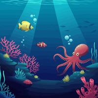 Exploring Deep Sea Life with Fish, Octopus, and Coral Reef vector