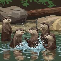 Otters Playing in Water with Splash Surrounded by Rocks Illustration vector