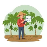 Farmer Monitoring Harvest Data on Tablet in Orchard Setting vector