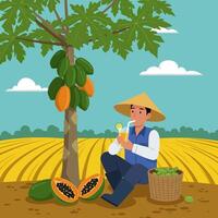 Farmer Resting, Drinking Juice Under Papaya Tree in Field vector