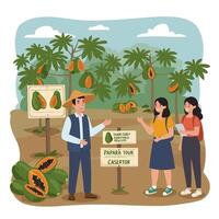 Tour Guide Explaining Papaya Tree to Tourists Visiting Farm vector