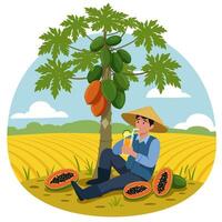 Man Drinking Juice Under Papaya Tree in Rural Scene Illustration vector