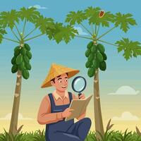 Farmer Inspecting Fruit Trees Using Magnifying Glass and Taking Notes vector