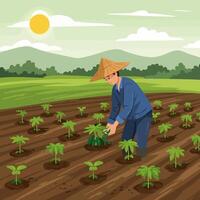 Farmer Planting Crops in Field Under Sunny Sky and Mountain View vector