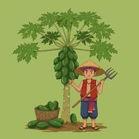 Cartoon Farmer Harvesting Papaya Fruit From a Tree in Field vector