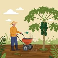 Farmer Spreading Fertilizer with Spreader on Agricultural Land Near Tree vector