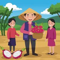 Farmer Harvesting Dragon Fruit with Family on the Farmland Illustration vector