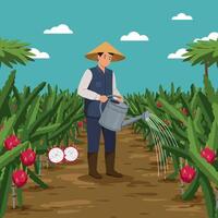 Farmer Watering Dragon Fruit Plants in Field with Watering Can vector