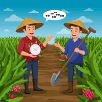 Farmers Discussing Dragon Fruit Cultivation in a Field with Shovel vector