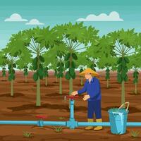Farmer Irrigating Field with Irrigation System Under a Partly Cloudy Sky vector