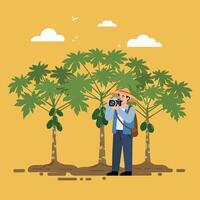 Man Photographing Tropical Trees with Camera Under Cloudy Sky Day vector