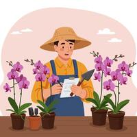 Person Inspecting Orchid Plants and Taking Notes in a Garden Setting vector