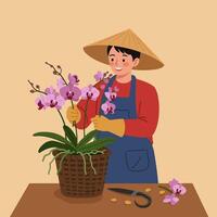 Man Arranging Potted Orchid with Gardening Tools in a Wicker Basket vector