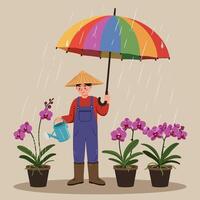 Gardener Watering Orchids in the Rain Under a Colorful Umbrella vector