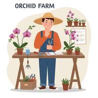 Orchid Farmer Planning with Tools and Flowers in a Garden Setting vector