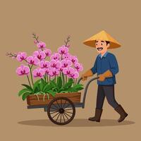 Man Pushing Cart with Blooming Orchids Illustration Vendor vector