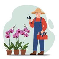 Gardener Holding Shovel Near Potted Orchids with Toolbox Illustration vector