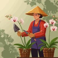 Gardener Tending Orchids with Trowel and Clippers Wearing Traditional Hat vector