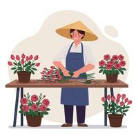 Person Arranging Flower Bouquet with Scissors on a Table Illustration vector