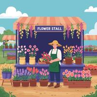 Man Tending Flowers at Outdoor Stall in a Garden Setting vector