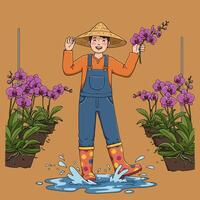 Smiling Gardener Holding Orchids and Stepping in Puddle in Greenhouse vector