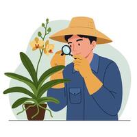 Person Inspecting Potted Orchid with Magnifying Glass in Gardening Setting vector