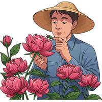 Man Wearing Hat Examining Red Lotus Flowers in Garden Setting vector