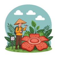 Studying Rafflesia Flower Scientist in Nature with Hat and Notepad vector