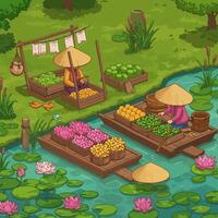 Floating Market Scene with Sellers and Flowers in Canal Illustration vector