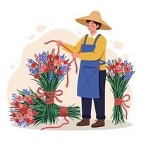 Flower Arranger Preparing Bouquets with Ribbons in a Cheerful Illustration vector