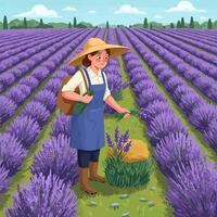 Woman Harvesting Lavender in Field on Sunny Day with Straw Hat vector