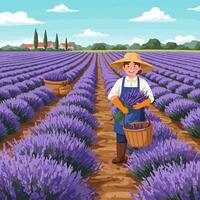 Person Harvesting Lavender Flowers in Field Under Sunny Sky Illustration vector